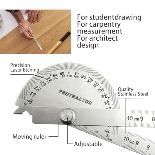 Stainless Steel Angle Protractor 0-180° with Two-Arm Ruler for Woodworking