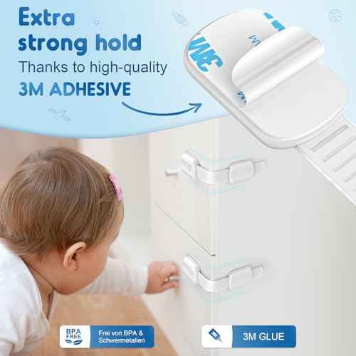 10 Pack Cabinet Locks Baby Proofing, SOGUDE Child Proof Cabinet Locks with 3M Adhesive Child Safety Locks for Refrigerator, Doors, Drawer Locks No Drilling, Cabinet Locks for Babies- White