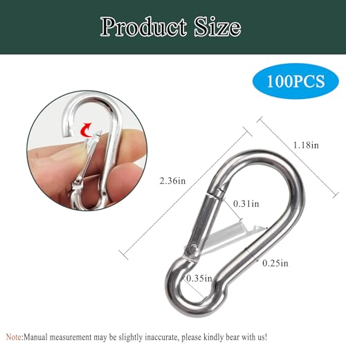 SILVER 100PCS Heavy Duty Spring Snap Hooks Carabiner Clips 2.4IN