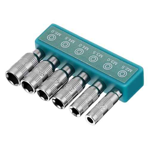 6 in 1 Hex Socket Adapter with H4 Shank, Hex Socket Set 2.5mm 3mm 3.5mm 4mm 4.5mm 5mm Metric 6 Point Power Nut Driver Drill Bit Set