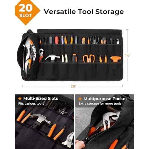 Tool Roll, Heavy Duty Tool Roll Bag Organizer, Roll Up Tool Pouch with 20 + 1 Pocket, Gifts for Men Father Dad Mechanic, Black