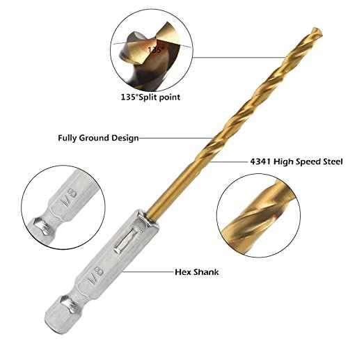 Hex Shank Drill Bits - Set of 10Pcs, 1/8 Inch Premium 4341 HSS Titanium Impact Hex Drill Bits for Wood, Steel, Metal, Plastic, Quick Change Design