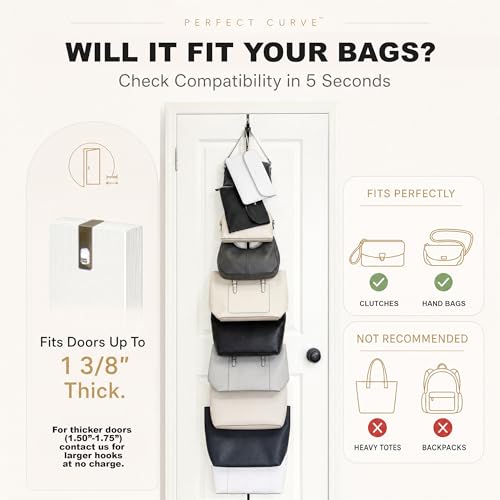 Over-The-Door Handbag & Purse Organizer - Fits Up To 18 Bags, 2 Straps, Easy Install - Perfect Curve