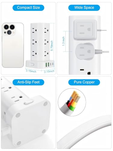 UWIWUTEI 6FT Power Strip Tower Surge Protector with 12 Outlets & 4 USB Ports - White, No Wireless Charging