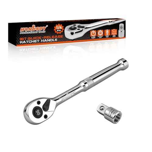 HORUSDY 1/4" Drive 90-Tooth Quick-Release Ratchet Handle with 1/4" to 3/8" Adapter, Reversible Thin Profile Socket Wrench, 4¡Æ Swing Arc, Ergonomic Anti-Slip Grip, Ideal for Auto, Bike & Home Repair