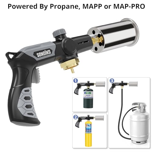 Sondiko Powerful Grill & Cooking Propane Torch L8010, Sous Vide, Campfire Starter, Adjustable Wood Torch Burner for Searing Steak, BBQ, Welding(Black, Grey) Propane Tank Not Included