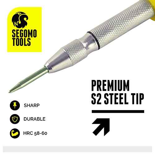 Segomo Tools 5 Inch Precision Diamond Knurled S2 Steel (58-60) Automatic Center Punch | Punch Tool | Spring Loaded Center Punch | Auto Center Punch | Wood, Plastic, Glass, Metal Punch - ACP01