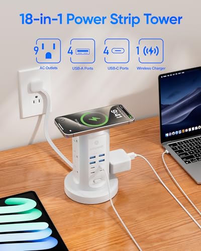 kakyanill White 24W Power Strip Tower with 9 AC Outlets & 8 USB Ports