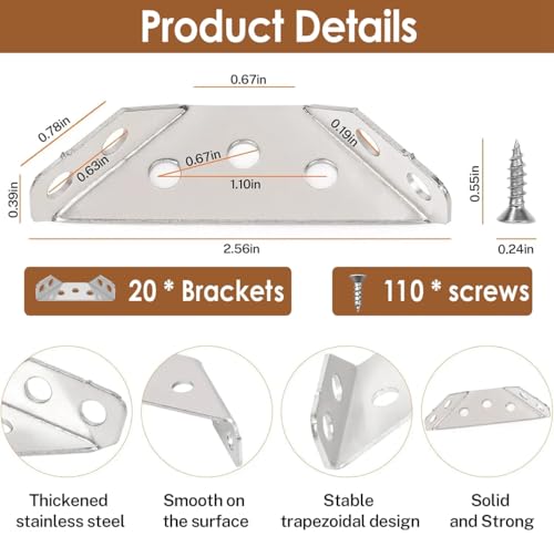 Silver Furniture Corner Connector 20PCS Stainless Steel L Brackets for Wood Shelves Cabinets