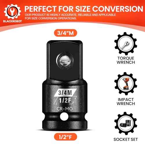 BLACKROBOT 1/2¡±F To 3/4¡±M Impact Socket Adapter, Cr-Mo Steel Exceeds ANSI Standards, Square Drive Reducer for Impact Driver Wrench