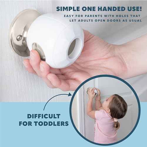 Baby Proofing Door Knob Covers 4 Pack - Easy to Install Child Safety Locks for Doors, Durable & Reusable Child Proof Door Lock, Dual-Lock & Versatile Design, Fits Round Doorknobs, White