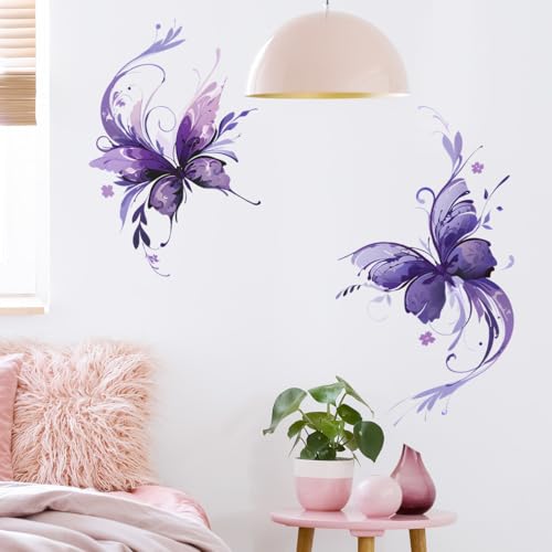 Purple Butterflies Wall Decals Removable Fantasy Insect Vinyl Stickers for Living Room Bedroom and Bathroom Decor Peel and Stick Wall Art
