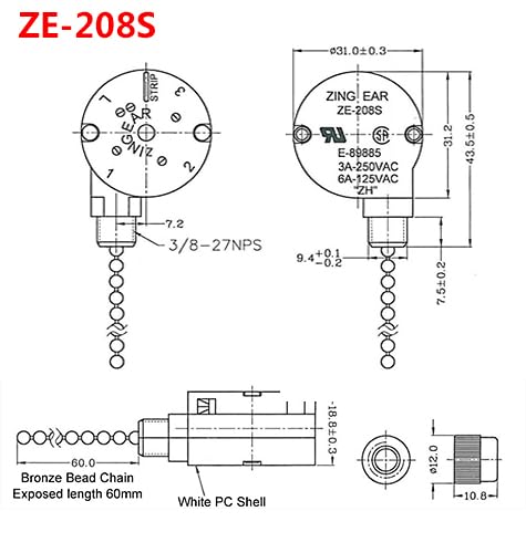 Bsentster Ceiling Fan Switch ZE-208s 3-Speed 4-Wire Bronze Pull Chain Replacement Part