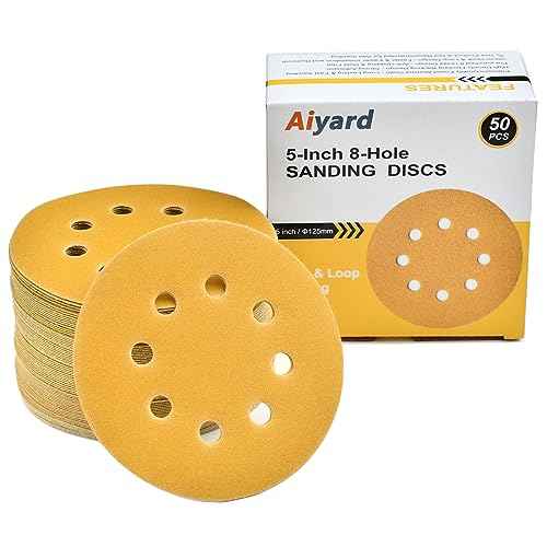 5-Inch 8-Hole Hook and Loop Sanding Discs 220-Grit Random Orbit Sandpaper, 50-Pack
