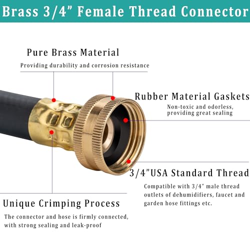5FT Black Dehumidifier Drain Hose with 3/4” Brass FHT Connector - Rustproof & Leak-Proof
