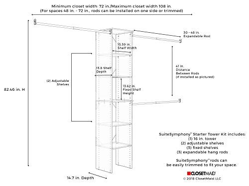 ClosetMaid SuiteSymphony Wood Closet Organizer Starter Kit with Tower and 3 Hang Rods, Shelves, Adjustable, Fits Spaces 4 – 9 ft. Wide, Engineered Wood, Pure White, 16"