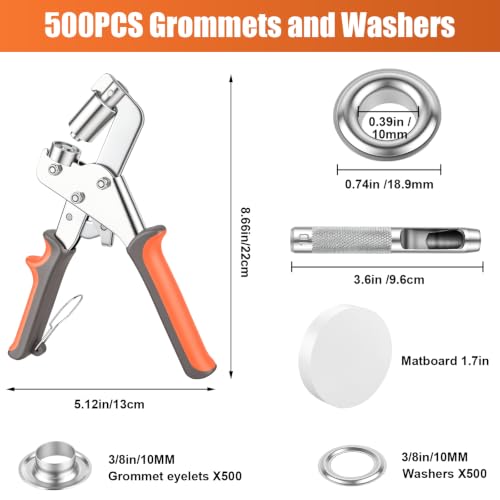 Grommet Tool Kit with 500 10mm Grommets for Leather Canvas Tarp Setup