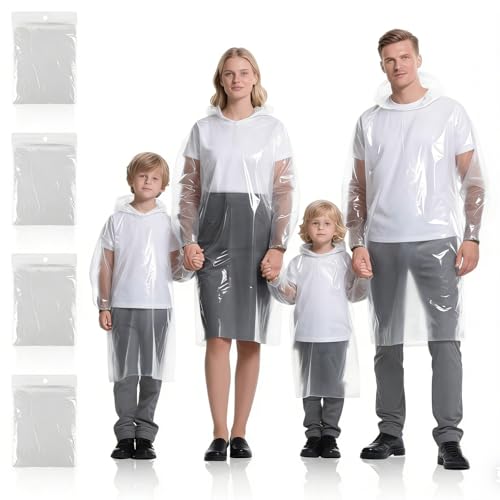 GAOHUI Clear Disposable Rain Ponchos for Adults & Kids Pack of 4, Thicker Material