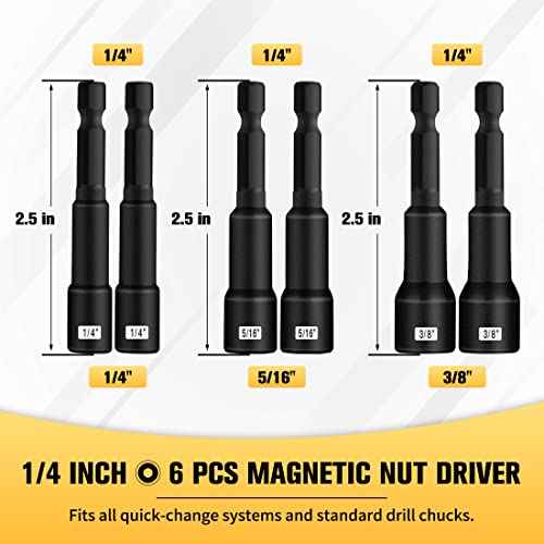 BOEN 1/4 inch Magnetic Nut Driver Set, 6 Piece Impact Drill Driver Bit Set, Length 1/4", 5/16", 3/8", Quick-Change Hex Shank SAE Nut Driver, Cr-V Steel, Black Manganese Phosphate Coating