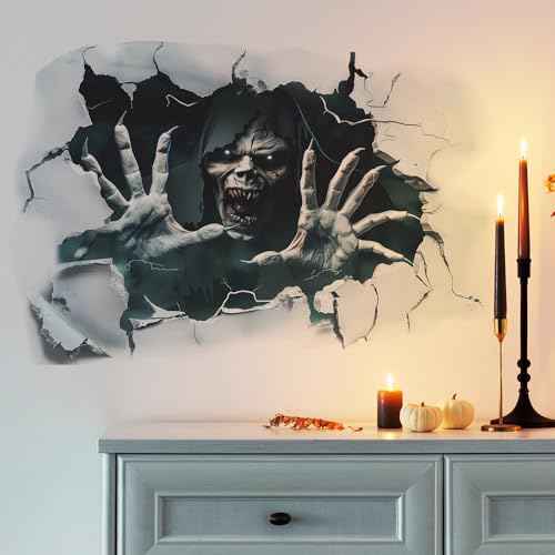 Creepy Halloween Wall Decals ? 3D Skeleton Breaking Through Wall, Scary Monster & Haunted House Wall Stickers for Living Room, Party, Spooky Decor for Halloween Home & Haunted House Decorations