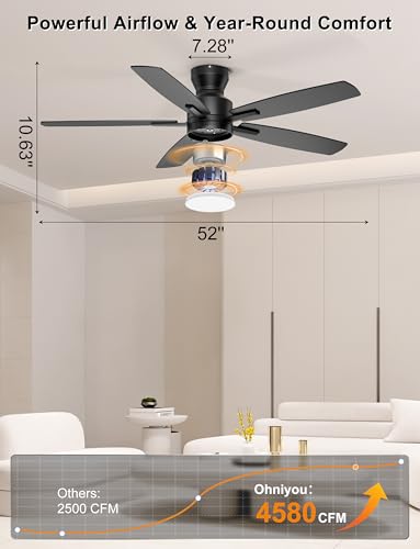 Ohniyou 52'' Low Profile Black Ceiling Fan with Lights, Remote & App Control