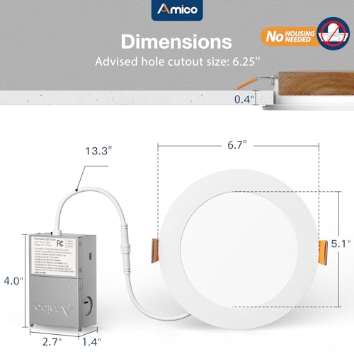 Amico 6 Inch LED Recessed Light Kit 5CCT, 1050LM, Dimmable, Moisture Resistant