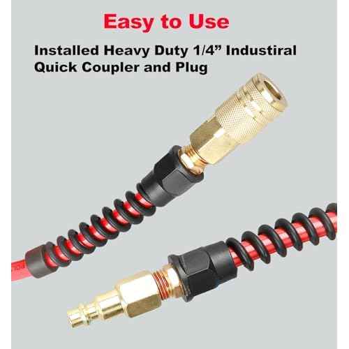 Keepro Polyurethane Recoil Air Hose, 1/4 Inch ID By 25 Feet Long Air Compressor Hose with Repairable Solid Brass 1/4" Industrial Quick Coupler and Plug, 145 PSI Maximum Pressure, Red