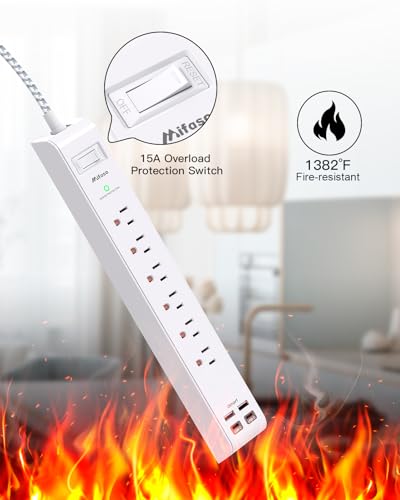 Mifaso White & Grey 10FT Surge Protector Power Strip with Flat Plug, 6 AC & 4 USB Ports