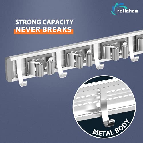 Reliahom Silver Wall Mount Broom Holder with 4 Racks & 5 Hooks - 1 Pack