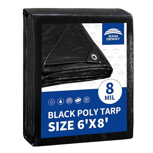 RAINDEWAY Black Waterproof Tarp 6x8 Feet - 8 Mil Heavy Duty Poly Cover