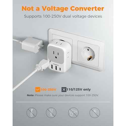 2 Pack European Plug Adapter USB C, TESSAN US to Europe Adapter 4 Outlets 3 USB Charger, Type C International Power Adaptor to Italy Spain France Portugal Iceland Germany, Europe Travel Essentials