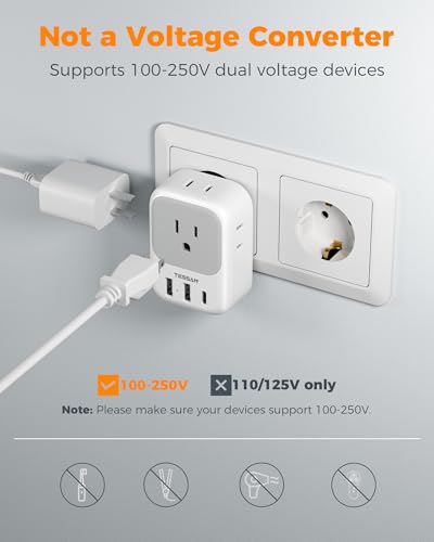 TESSAN Type C European Travel Plug Adapter with USB-C & USB A Ports - White Gray