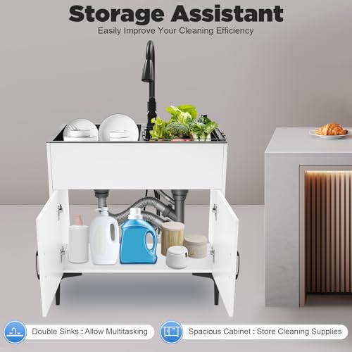 White Laundry Sink with Cabinet and Pull-Out Faucet - Double Basin Utility Sink for Garage & Bathroom