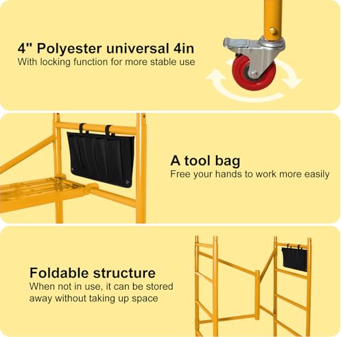 LEADALLWAY Yellow 4-Foot Portable Rolling Scaffold Platform with 2 Adjustable Levels