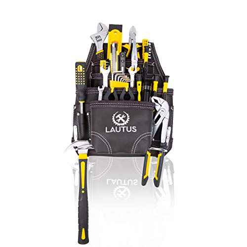 LAUTUS Oil Tanned Leather Tool Pouch Bag | Carpenter, Construction, Framers, Handyman | 10 Pockets, 2 Hammer Holders | 100% Leather Dark Brown