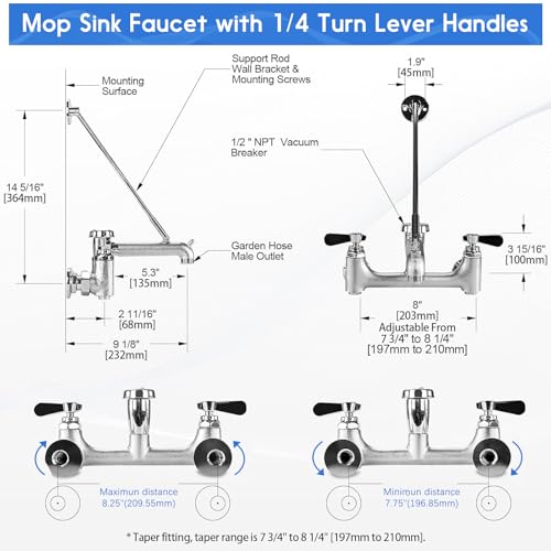 ZKDAUSDO Commercial Wall Mount Mop Sink Faucet 6-1/2" Spout Lever Handle Vacuum Breaker