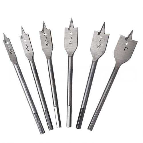 6PCS Spade Drill Bit Set Paddle Flat Bits, 3/8"-1",Hex Shank Quick Change Wood Drill Bit Set,Flat Wood Hole Cutter