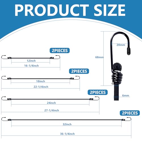 QGEIB 6MM Bungee Cords with Hooks 12in, 18in, 24in, 36in 8 Pack