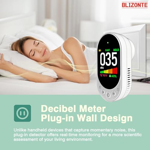 Blizonte White 3-in-1 Plug-In Decibel Meter with Temp & Humidity – Fast/Slow Refresh, MAX/MIN, Data Hold