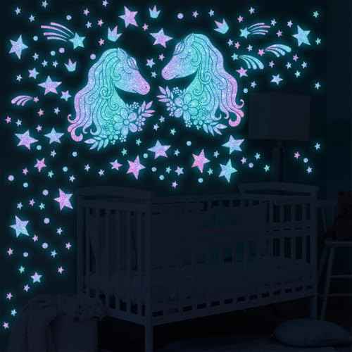 33.46 x 20.47 Inch Glow in The Dark Unicorns Wall Decals Unicorns Stars Wall Stickers Blue Luminous Glow Stars Ceiling Stickers Decor for Baby Girls Boys Bedroom Ceiling Nursery Room