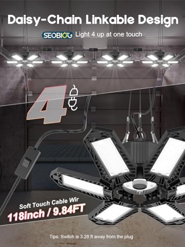 SEOBIOG 2 Pack Plug-in Garage LED Light 20000LM 6500K Shop Lighting, 6 Panel Deformable Design, Linkable, Energy Efficient, Easy Install