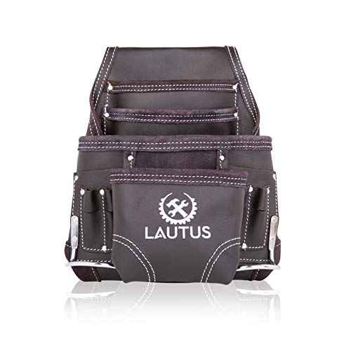 LAUTUS Oil Tanned Leather Tool Pouch Bag | Carpenter, Construction, Framers, Handyman | 10 Pockets, 2 Hammer Holders | 100% Leather Dark Brown
