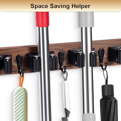 FunCee Brown Wall Mount Broom Holder with 5 Slots & 4 Hooks, Rustic Wood Storage Rack