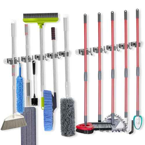 voze [2 Pack] 5 Racks and 4 Hooks Mop and Broom Holder Wall Mount, Self Adhesive Heavy Duty Broom Organizer Storage Tool Racks for Kitchen Garden Laundry Garage, Silver