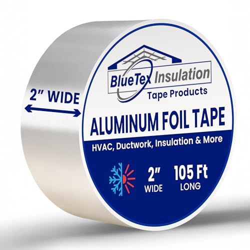 BlueTex Insulation¤ÔHVAC Aluminum Foil Tape 2 inch x 35 Yards (105 feet) 4 mil, Heavy-Duty Silver Duct Tape Metallic, High/Low Temperatures Aluminum Tape for Ductwork, Insulation & Vapor Barrier Seams