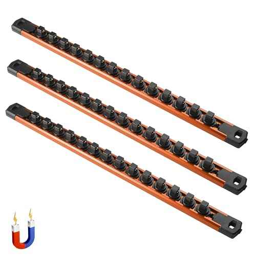 ALOANES 3PC Magnetic Tool Organizer, Heavy Duty Aluminum Rails with 360 Swivel Clips, 3/8-Inch Socket Organizer x 42 Clips (Orange)