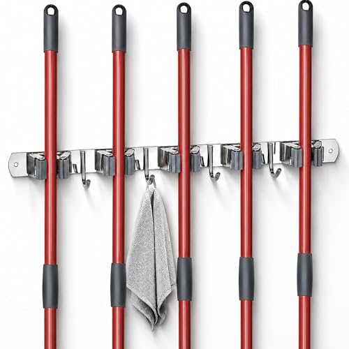 Voze Silver 5 Racks & 4 Hooks Wall Mount Mop & Broom Organizer