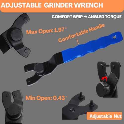 Angle Grinder Wrench Adjustable and Nut Kit (5PCS) ? 5/8-11 Lock Nut Fits Dewalt, Milwaukee, Makita, Ryobi, Bosch 4.5"/5"/7" Grinders for Quick Nut Removal & Disc/Wheel Replacement