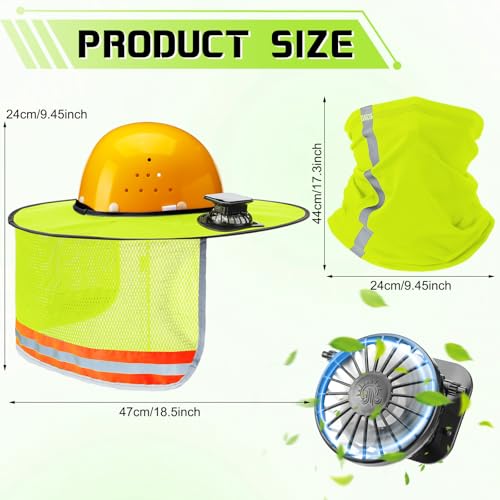 1 Set Sun Hard Hat Shade Full Brim Hard Hat Sun Visor with Solar Fans and Neck Sunshade Cover High Visibility Full Brim Mesh with Reflective Strip, Summer Protection Accessories(Fluorescent Yellow)