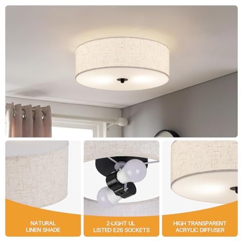 CALOKES Beige Fabric Drum Flush Mount Ceiling Light, 13-inch Modern Round Fixture for Bedroom & Kitchen